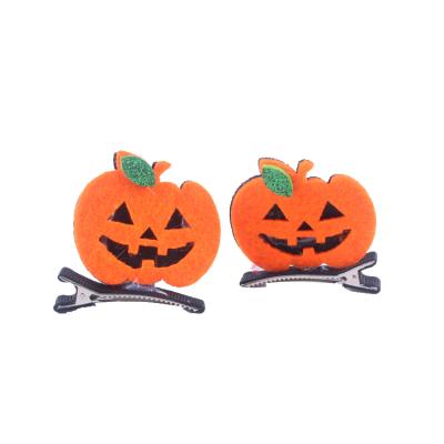 China Halloween Festival Hair Clips Pumpkin Yellow Colors Felt Fabric Smile Face Green Leaves For Baby for sale