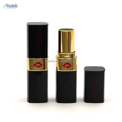 China Wholesale Cosmetic Square Lipstick Tube Black And Gold With Red Charming Lip Print Lipstick Tube for sale