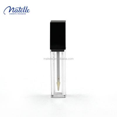 China Cosmetic 9ml Square Lipstick Tube Black Single Lid Transparent Lip Gloss Tube With Brush for sale