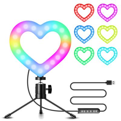 China ABS Dimmable 6 Inch Heart Shaped Makeup Ring Light Led Circle Selfie Ring Light With Cell Phone Holder Tripod Stand for sale