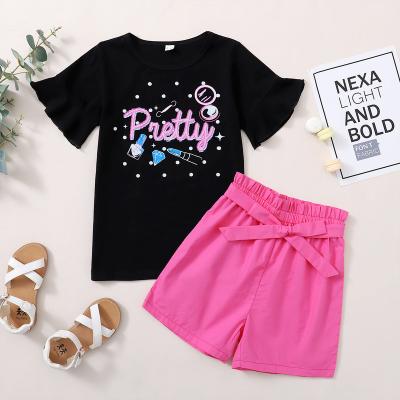 China Breathable Little Girls Clothes Summer Shorts Outfit Sets 9 Years Old Short Sleeve Letter Prints Tops Elastic Shorts 2PCS Set Black for sale