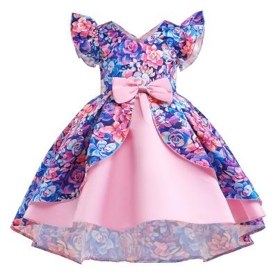 China Girls Casual Formal Princess Pageant Dress Party Fly Ruffled Sleeve V-neck Floral Prints Party Formal Dress Blue for sale