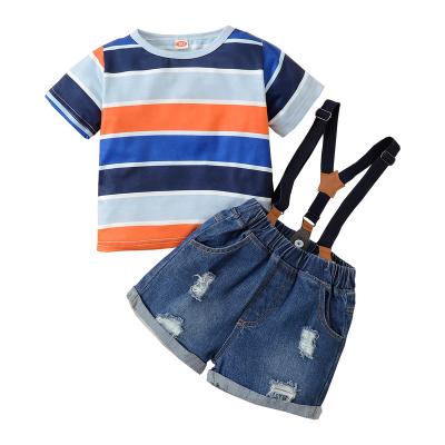 China Baby Boy Short Sleeve Clothes 3 Months Baby Boy Summer Shorts Outfit Sets 6 Months Short Sleeve Stripe Tops Suspender Denim Shorts 2PCS Set for sale