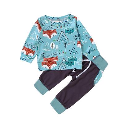 China Baby Boy Long Sleeve Catpapa 0 Months Winter Fits Pants Sets 3 Months Fox Print Cardboard Long Sleeve Tops Elastic Pants 2PCS Set Blue for sale