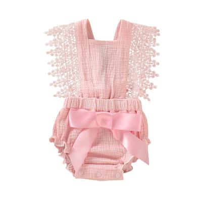 China Suspender Baby Clothes Newborn Babies Summer Jumpsuit For 3 Months Baby Suspender Lace Romper Jumpsuit Pink Sleeveless Jumpsuit for sale