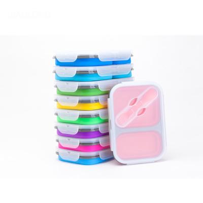 China 2 Compartment Microwavable Silicone Bento Box with Spoon Fork Silicone Bento Lunch Box Collapsible Container for sale