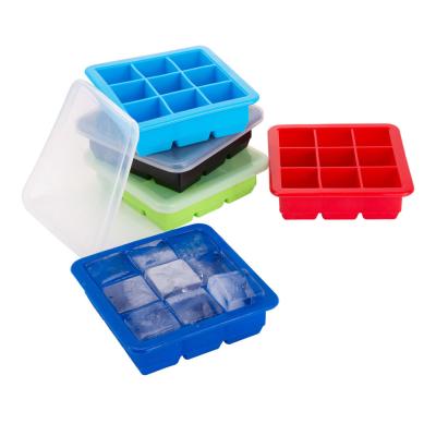 China Sustainable Silicone Ice Cube Molds , Small Easy Release Ice Cube 9 Cavities Square Silicone Ice Trays With Lid for sale