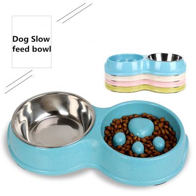 China Sustainable Hot Sell Non-Slip Wheat Straw Dog Slow Feed Bowl Stainless Pet Food Bowl for sale