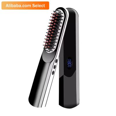 China Wholesale USB Rechargeable Men's Hair Styler Portable Cordless Beard Comb Flat Iron Heat Straightening Brush for sale