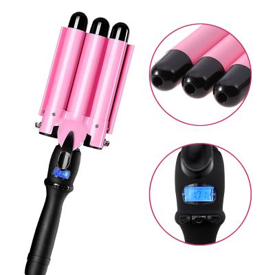 China 3 Barrel Ceramic Curling Iron Wand 1 Inch Ceramic Tourmaline Triple Barrels Beach Hair Waver Curler For Deep Waves, LCD Temp Display for sale