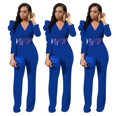 China Breathable Women's Sexy V-neck Bodycon Jumpsuit Chiffon Jumpsuits QUICK DRY Wide Leg Puff Sleeve Plus Size Sexy Jumpsuit for sale