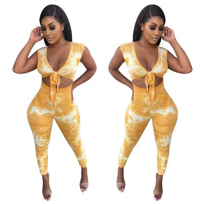 China Luxury v neck tie dye jumpsuit jumpsuit bodycon sleeveless casual skinny lace up deep QUICK DRY women overalls for sale