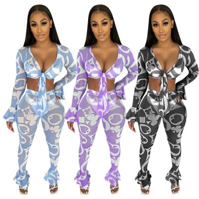 China Sexy Mesh Print Ruffle Set Two Piece Casual QUICK DRY Fashion Women Clothing Women Pants Set Long Sleeve for sale