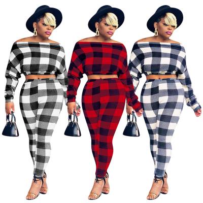 China QUICK DRY Women Suits 2021 Plaid Printing Casual Long Sleeve Pants Two Piece Suit With One Shoulder And Waist for sale