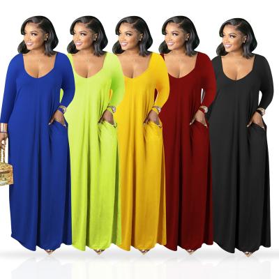 China Anti-Static Bodycon Plus Size Long Sleeve Maxi Dress Elegant Deep V Neck Solid Color Luxury Fitted Long Dresses for sale