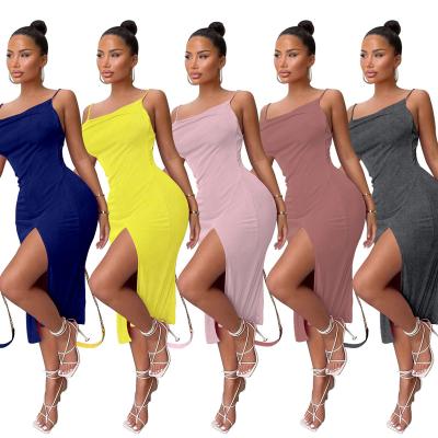 China Latest Design High V Neck Spaghetti Strap Anti-Static Sexy Camisole Maxi Dresses Split Maxis Womens Equalizing Channel Dress Women for sale