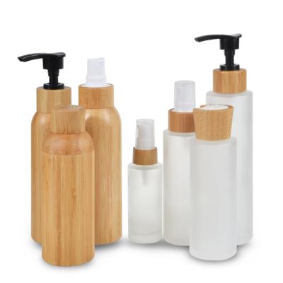 China Multifunctional Wholesale Luxury Cosmetic Bottles Empty Shampoo Glass Bottle 100ml 120ml 150ml With Bamboo Pump for sale