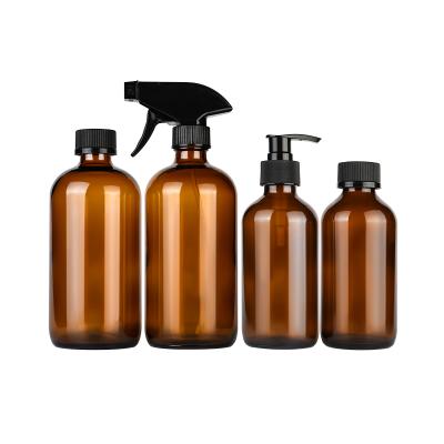 China Multifunctional Amber 120ml 150ml 250ml 500ml Boston Shampoo Glass Spray Bottle With Lotion Pump Cap for sale