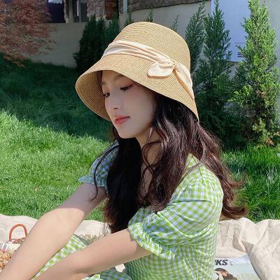 China Straw Hat Cover Face Bucket Sun Summer Style Bow Female Handmade Hat Japanese And Korean Foldable Shade And Windshield Sunscreen Hat for sale