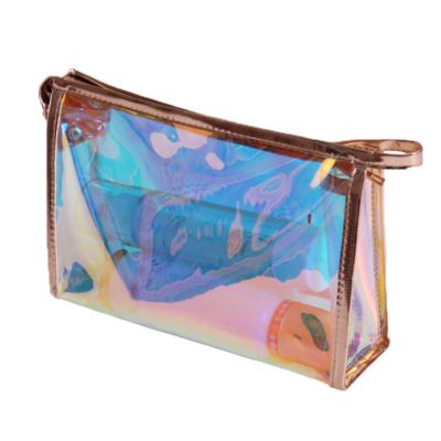 China Eco-Friendly/Foldable and Get Back Soon PVC Zipper Women Rainbow Makeup Bag Laser Logo Custom Waterproof Cosmetic Bag for sale