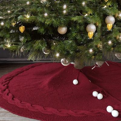 China Festival Decoration Christmas Tree Decoration Cotton Round Wine Red Knitted Christmas Tree Skirt for sale