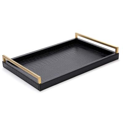 China Good Storage Tray for Bars Serving Tray Faux Black Crocodile Leather with Brushed Gold Stainless Steel Handle for sale