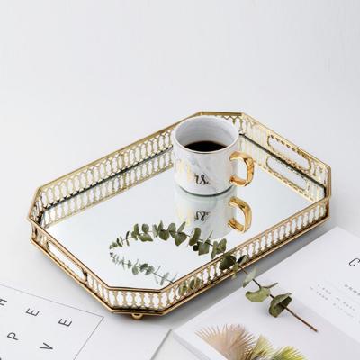 China Nordic Modern Home Decor Perfume Vanity Home Decor Around Decorative Jewelry Glass Luxury Gold Mirror Tray for sale