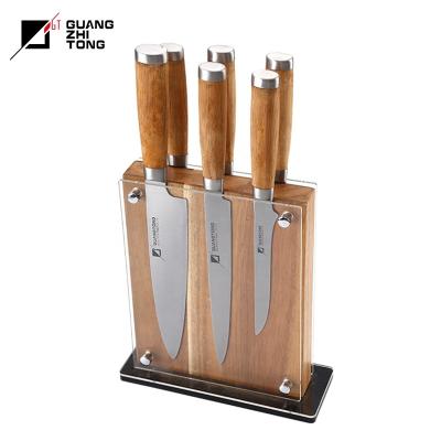 China Bestselling 7 Pcs Stainless Steel Disposable Double Forged Bamboo Handle Kitchen Knife Set With Acacia Wood Acrylic Knife Block for sale