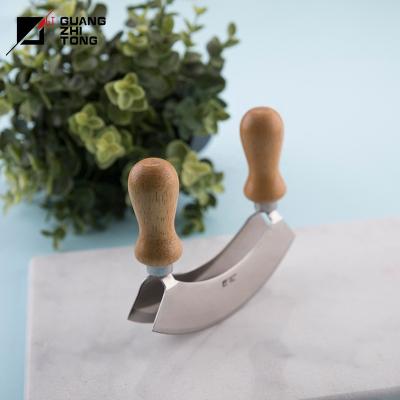 China Hot Selling Viable 5.5 Inch Wooden Handle Double Blade Herb Cleaver Mezzaluna Cleaver for sale