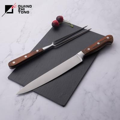 China Disposable 2 pcs GRILL kitchen stainless steel pakkawood forged handle carving meat knife and fork set for sale