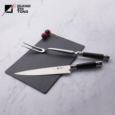 China Disposable High Quality 2 Pcs GRILL Kitchen Stainless Steel Natural Ebony Wood Forged Handle Carving Meat Knife and Fork Set for sale