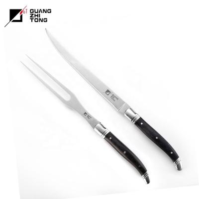 China Disposable hot sale 2 pcs GRILL kitchen stainless steel handle laguiole carving knife and fork set pakkawood forged for sale