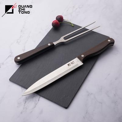 China Hot Sale 2 Pcs Disposable BBQ Kitchen Stainless Steel Pakkawood Handle Carving Knife and Fork Set for sale