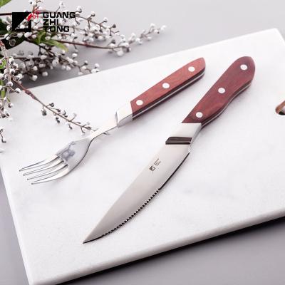 China 5 Inch Pakka Wood Stainless Steel Handle Disposable Forged Steak Knife Set for sale