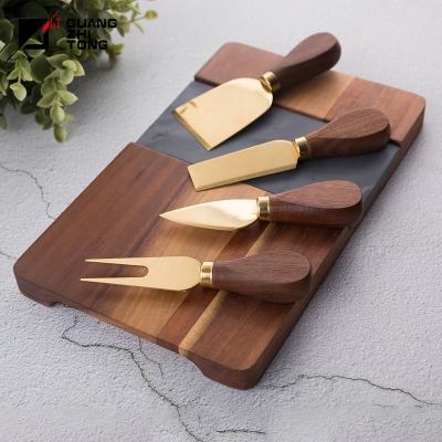 China Sustainable Best Sellers 4 Pcs Black Walnut Handle Cheese Knife Wooden Set With PVD Coating for sale