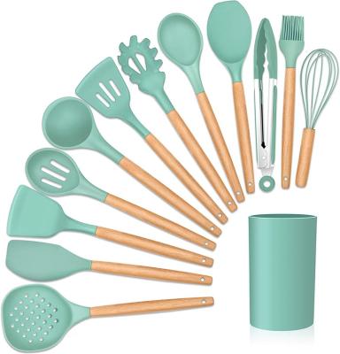 China Viable 13 Pieces In 1 Set Silicone Kitchen Accessories Cooking Tools Kitchen Tableware Cocina Silicone Cookware With Wooden Handles for sale