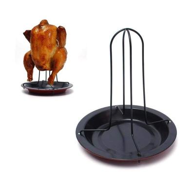 China Sustainable Carbon Steel Straight Chicken Rotisserie Rack With Non-Stick Bowl Tin Cooking Tool Baking Pan Barbecue Grilling BBQ Accessories for sale