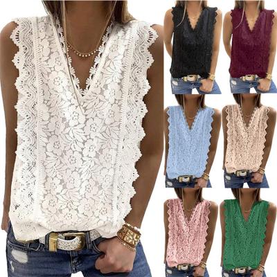 China 2022 New Summer Ladies Lace Fashion Casual Viable V-Neck Women's Sleeveless Blouse for sale