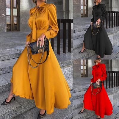 China Hot Viable 2021 Summer Vintage Ladies Dresses Bow Long Sleeve Maxi Standard Loose Women Dresses for sale