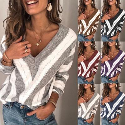 China New Arrival Autumn Viable V-neck Striped Casual Ladies Sweater Lantern Sleeve Plus Size Women's Sweater for sale