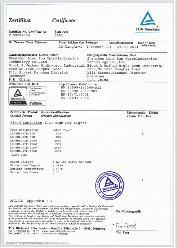 TUV mark - Shenzhen Long Sun Optoelectronics Technology Co., Ltd.