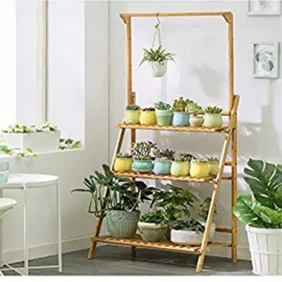 China Modern Bamboo Plant Ladder Rack 3 Tier Plant Foldable Flower Pot Hanging Shelves Display Stand Rack for sale