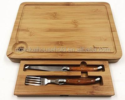 China Sustainable Panel Bamboo Cutting Board Steak Chopper With Steak Knife Cutlery Storage for sale