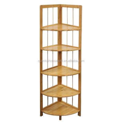 China Sustainable Natural Bamboo 5-Tier Corner Shelf Bathroom Storage Corner Rack for sale