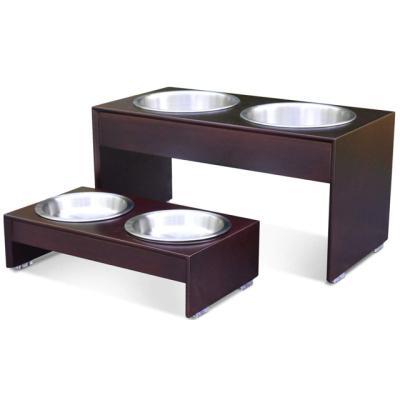 China Sustainable Natural Bamboo Wood Premium Dog And Cat Pet Feeder With Stainless Steel Bowls for sale