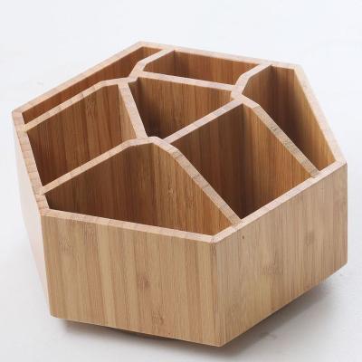 China Large Pen Rack Bamboo Hexagonal Rotary Desktop Storage Box Bamboo Cosmetics Storage Box Viable for sale