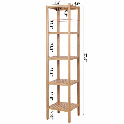 China Multifunctional Tower Natural Bamboo Shelf Unit Wooden Bookcase 5 Tier Bathroom Shelf Storage Rack Display Shelving Unit for sale