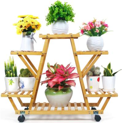 China Home Plant Bamboo Rack With Wheels Plant Flower Basket Pots Rack Multilayer Rolling Display Stand Indoor for sale