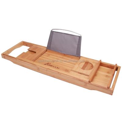 China Sustainable Bamboo Bathtub Tray Bathtub Caddy with Non-Slip Handle, FREE Soap Dish, Wine Glass Holder, Book Reading Holder for sale