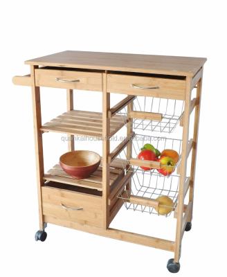 China Sustainable Bamboo Wooden Kitchen Trolley Cart With Drawers, Baskets, Shelves And Towel Rack for sale